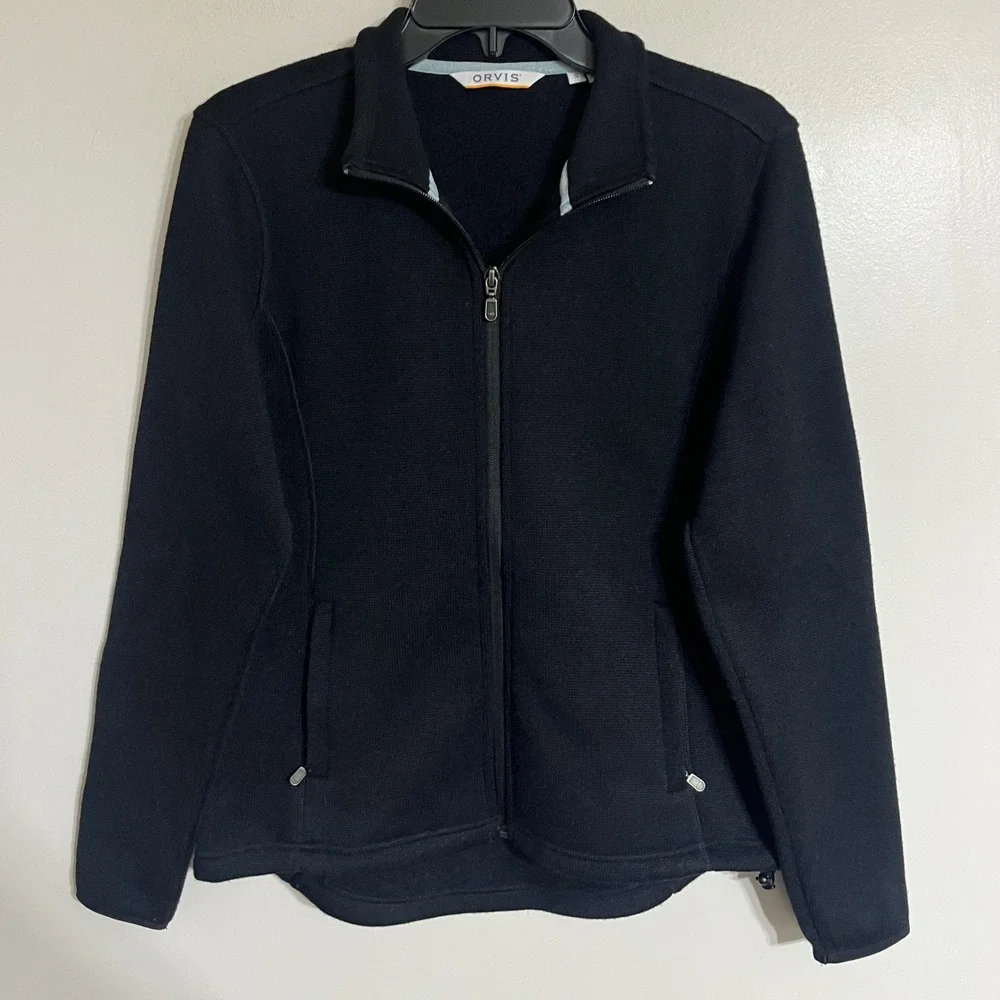 Orvis Mens Full Zip Fleece Jacket Black Sweater Knit Size Small RN 70534
